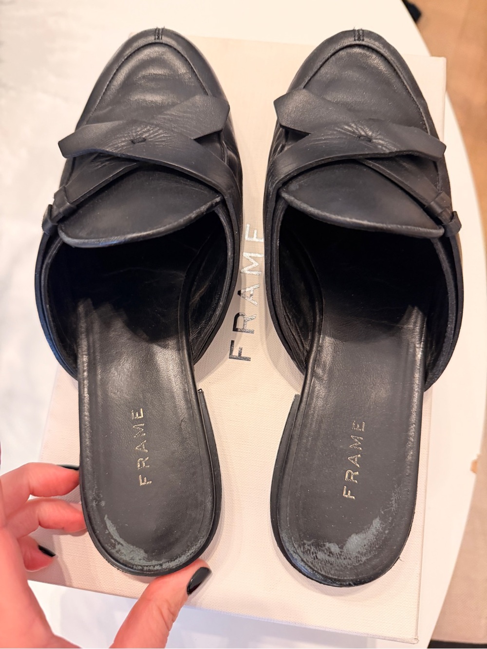Frame Denim Black Leather Cross-Strap Slide Mules